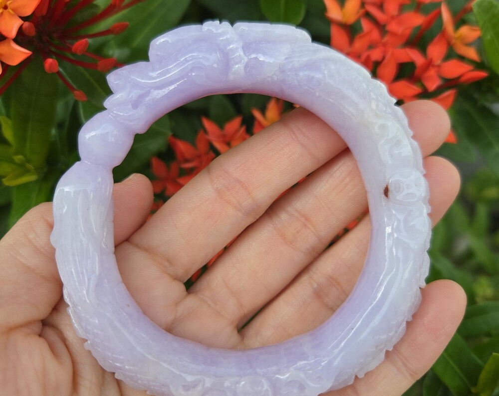 Grade A Lavender Burmese Jadeite with dragon carving Bangle