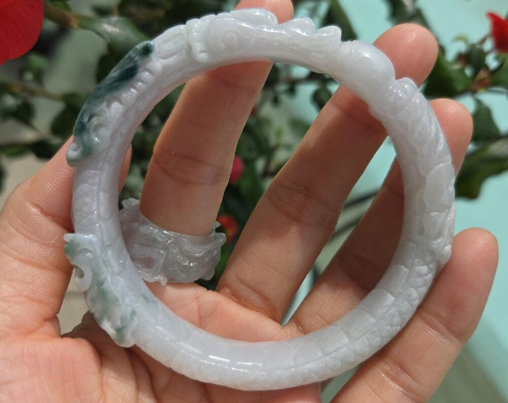 Certified Grade A Burmese Jadeite Bangle in dragon carving
