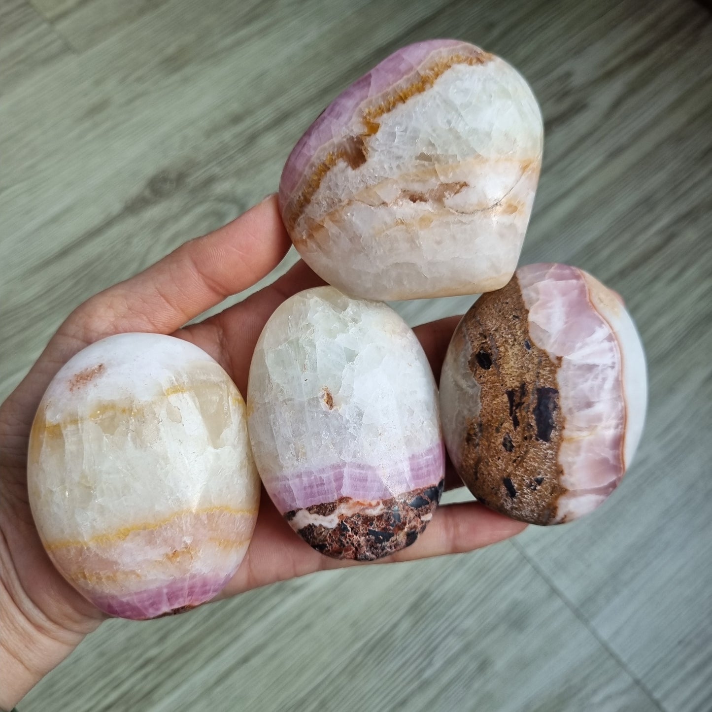 Pink Aragonite with Hematite palmstones & heart