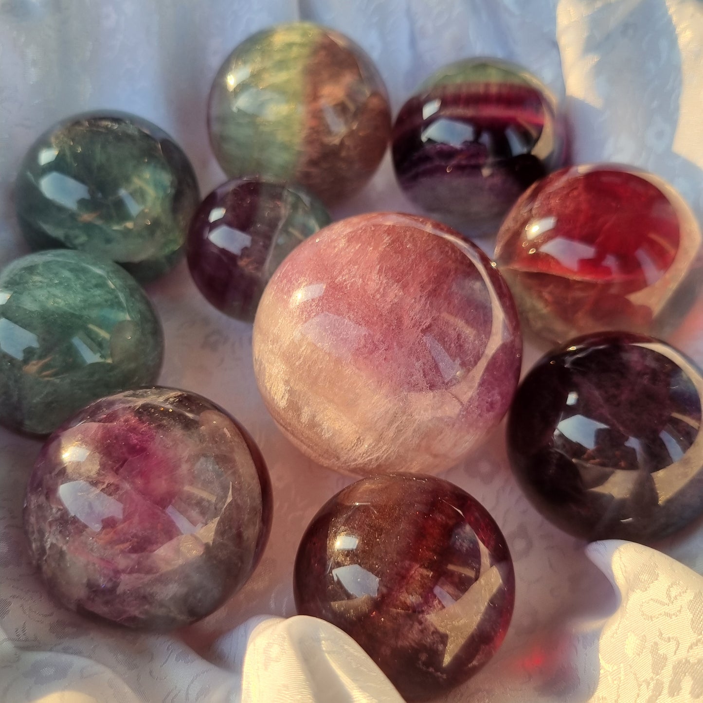 Rainbow fluorite spheres
